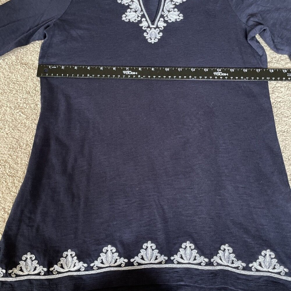TALBOTS Women's V-Neck Cotton Tunic Size S Embroidered Trim Navy Lagenlook EUC! - Picture 8 of 9